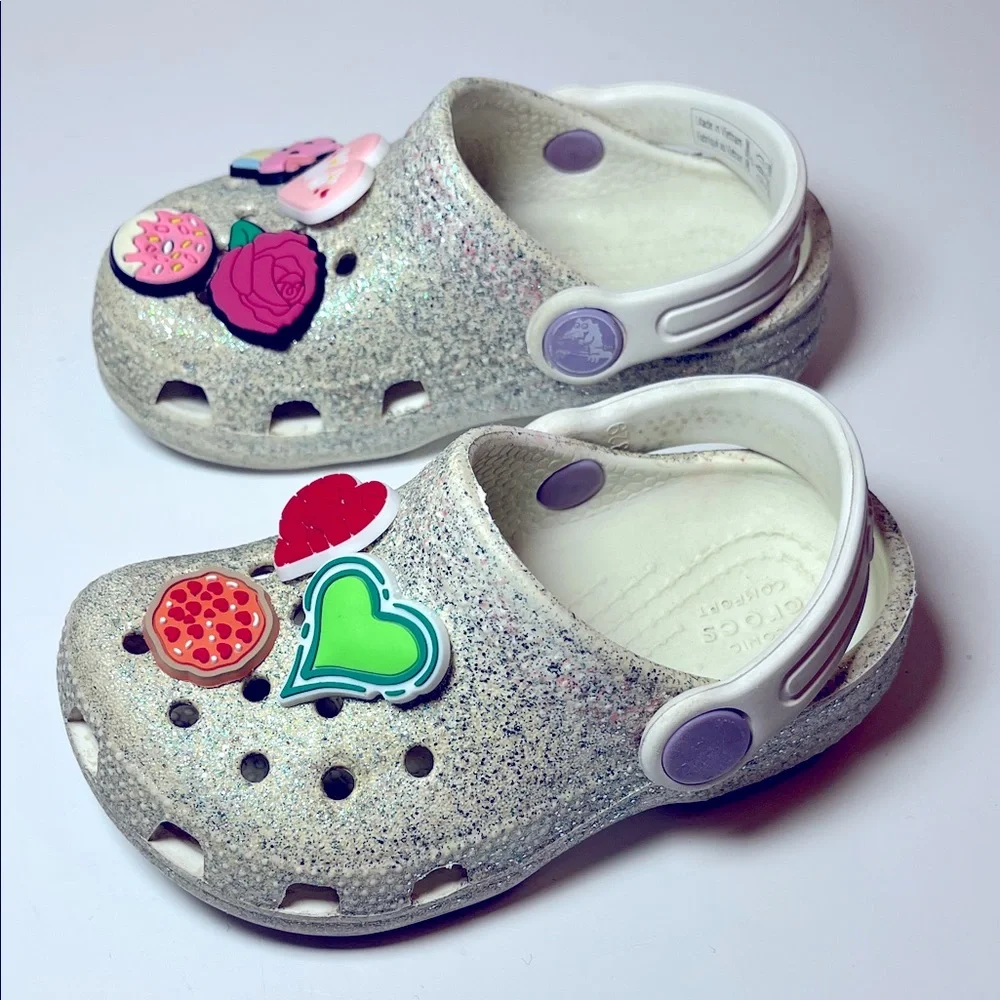 CROCS Kids Silver Glittery with Jibbitz - hearts, pizza, rose, donut & cupcakes